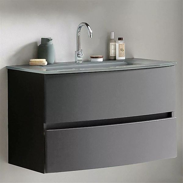 Badezimmer Waschtisch 80 cm Graphitgrau mit matt grau LAURIA-03 inkl. Glasw günstig online kaufen
