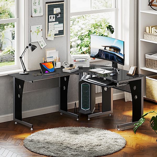 HOMCOM Computertisch MDF Eisen Gehärtetes Glas Schwarz 164L x 139B x 75H cm günstig online kaufen