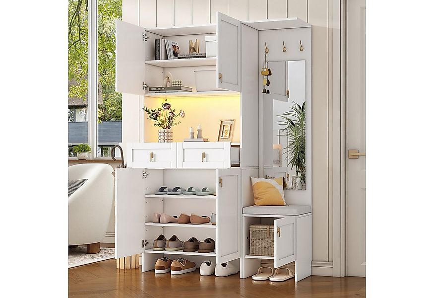 Flieks Garderoben-Set mit Led-Beleuchtung, Schuhschrank, Schuhbank und Spie günstig online kaufen