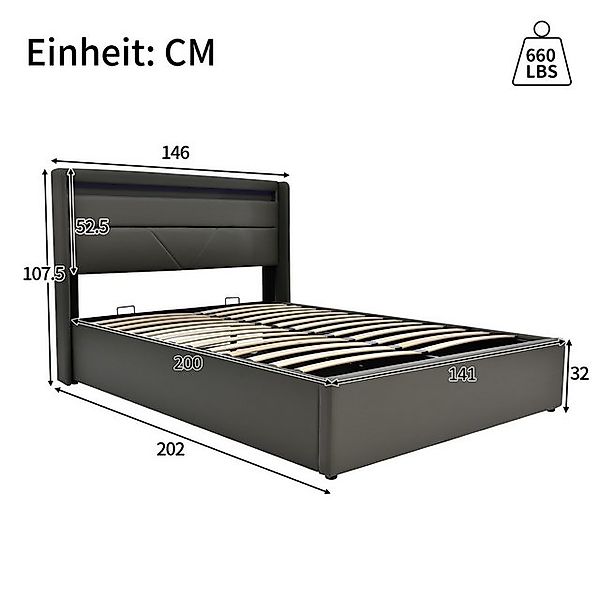 Flieks Stauraumbett (1-tlg), LED Hydraulisches Stauraumbett Kunstleder 140x günstig online kaufen