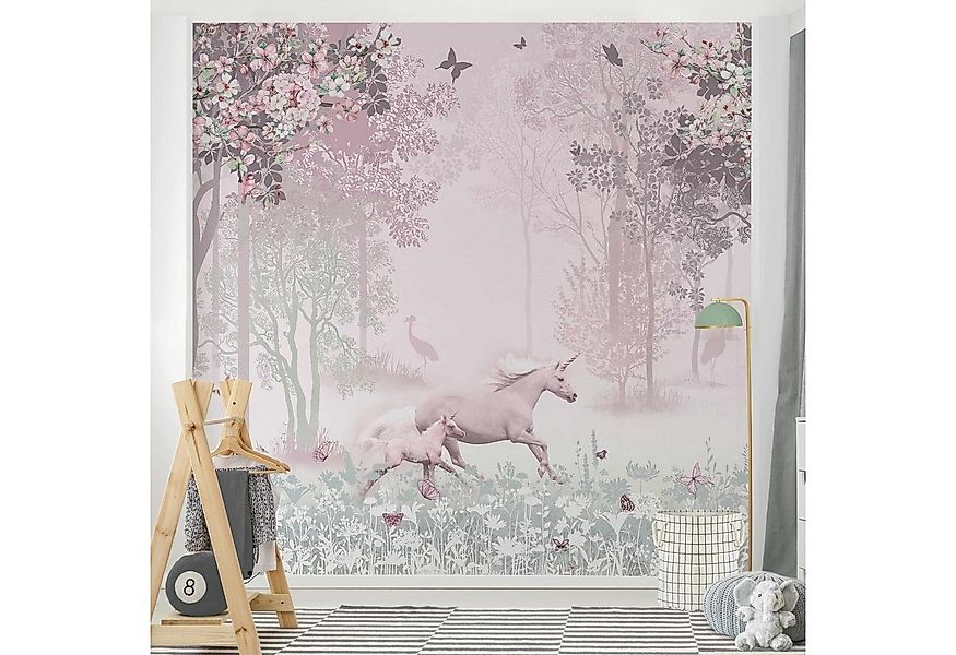 Bilderdepot24 Kindertapete Kinderzimmer Einhorn Blumenwiese Rosa Kinder Wan günstig online kaufen