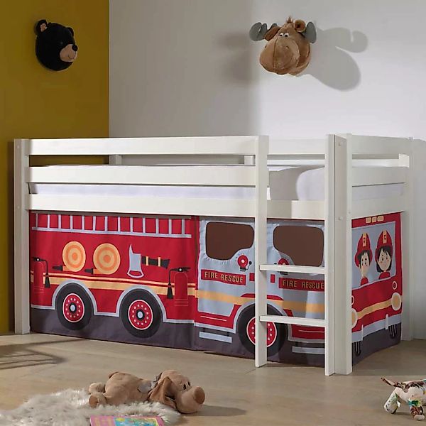 Kinderzimmerbett aus Kiefer Massivholz Vorhang Set Feuerwehr günstig online kaufen