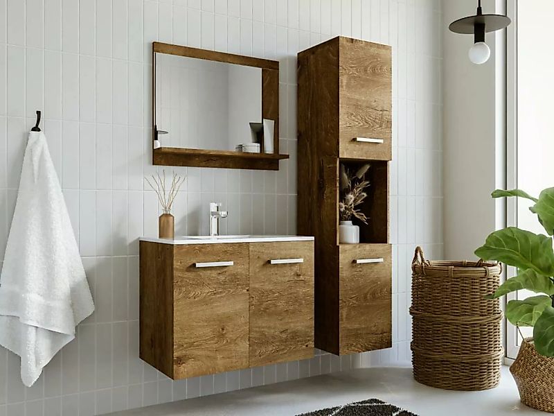 Badezimmerschrank hängend in Holzoptik - mit Ablage - 30 x 30 x 133 cm - MI günstig online kaufen