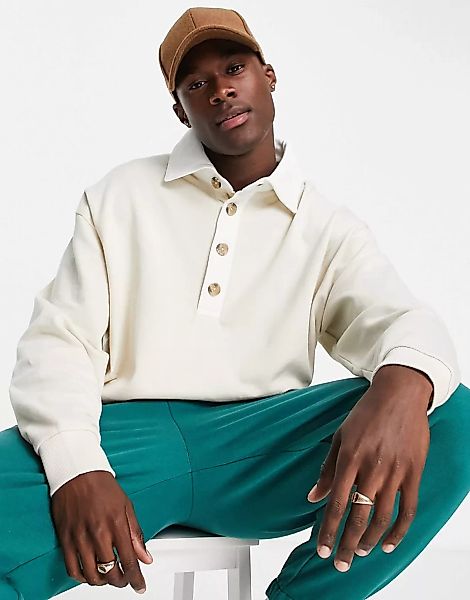 ASOS DESIGN – Oversize-Polo-Sweatshirt in Beige mit Knopfleiste-Neutral günstig online kaufen