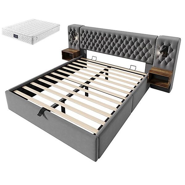 Gotagee Polsterbett Doppelbett mit Nachttischen Kopfteil Leselicht USB Samt günstig online kaufen