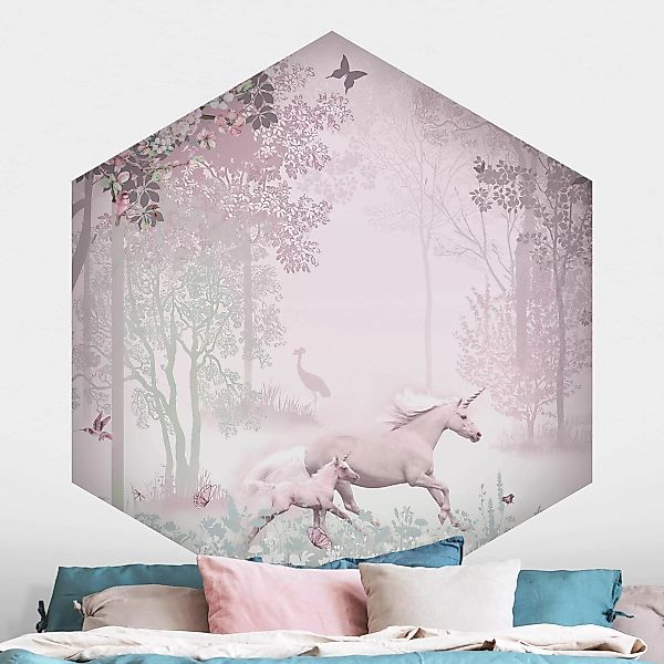 Hexagon Mustertapete Einhorn auf Blumenwiese in Rosa günstig online kaufen