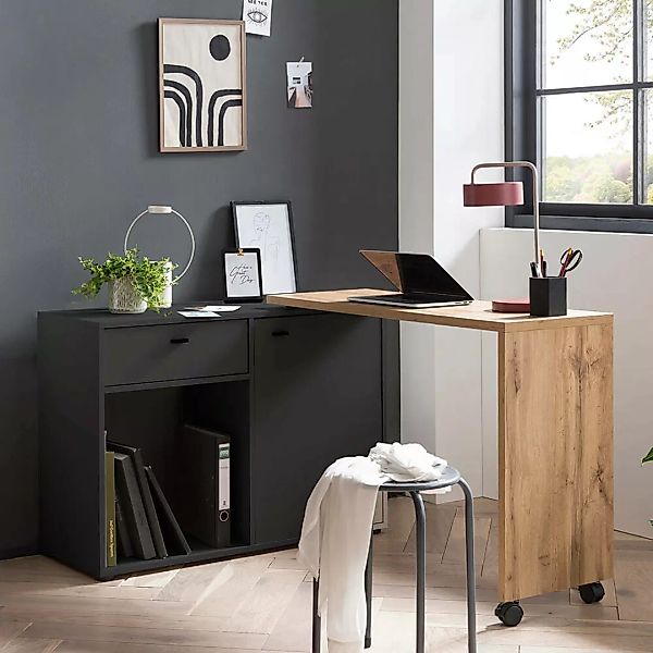 Homeoffice Schreibtisch, drehbare Tischplatte, schwarz matt mit Eiche, TOND günstig online kaufen