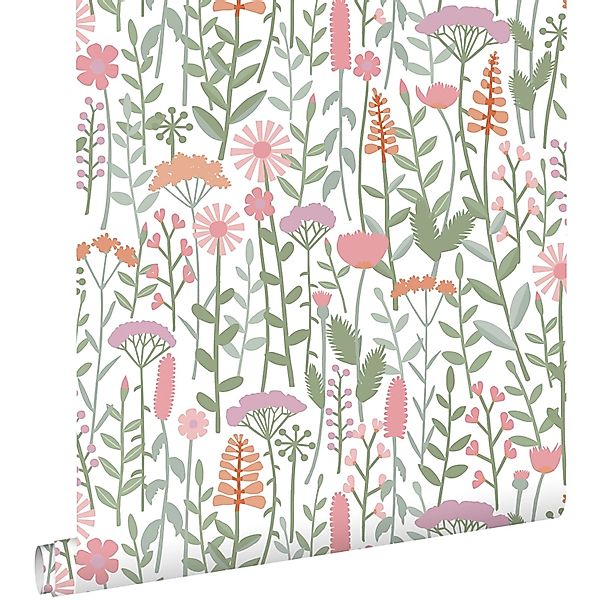 ESTAhome Tapete Feldblumen Grün Weiß und Rosa 50 x 900 cm günstig online kaufen