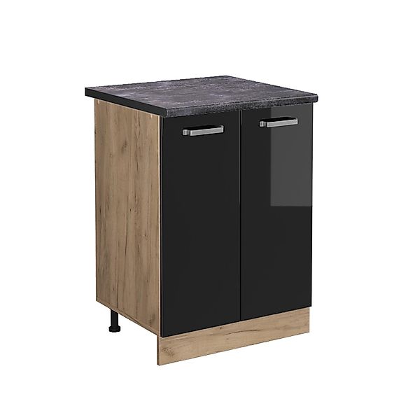 Vicco Küchenunterschrank R-Line Schwarz Hochglanz/Goldkraft Eiche 60 cm AP günstig online kaufen