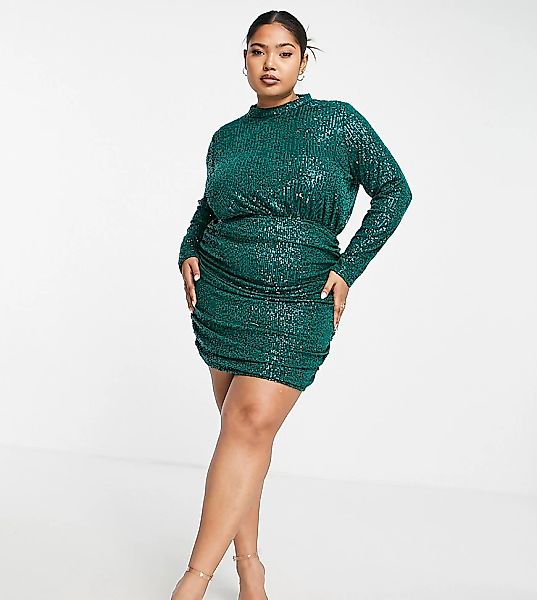 In The Style Plus – Exklusives, hochgeschlossenes Minikleid in Smaragdgrün günstig online kaufen