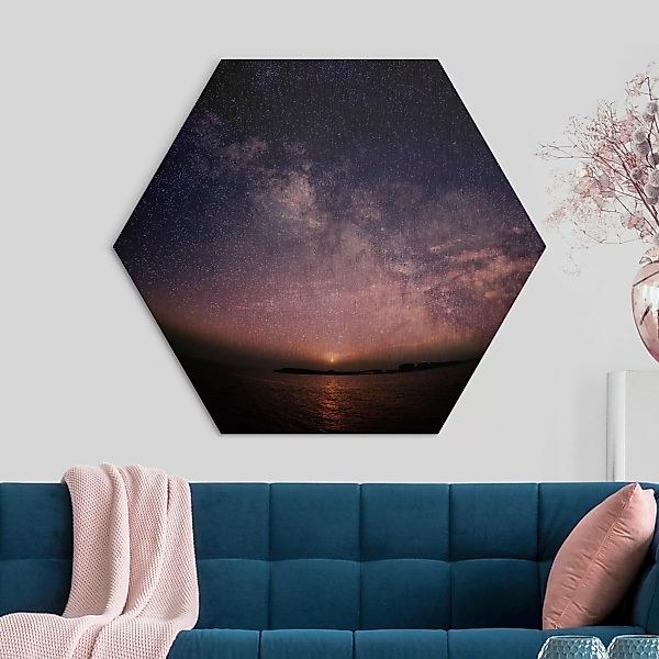 Hexagon-Alu-Dibond Bild Sonne und Sternenhimmel am Meer günstig online kaufen