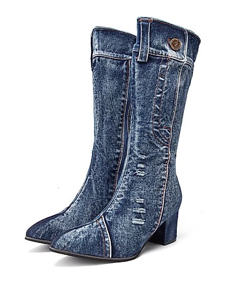 Damen Casual Side Zipper Pointed Toe Chunky Heel Mid-Wade Denim Cloth Stief günstig online kaufen