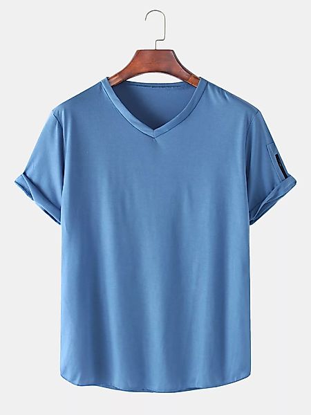 Einfarbige atmungsaktive und dünne lose T-Shirts mit V-Ausschnitt für Herre günstig online kaufen