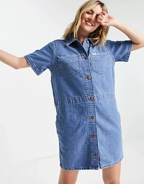 Wrangler – Kurzärmliges Jeans-Hemdkleid in Blau günstig online kaufen
