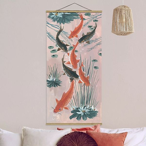 Stoffbild Blumen mit Posterleisten - Hochformat Asiatische Malerei Kois im günstig online kaufen