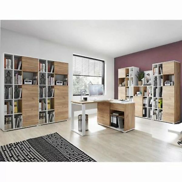 Lomadox Büromöbel Set GENT-01 mit Schiebetüren in Navarra Eiche Nb. und wei günstig online kaufen