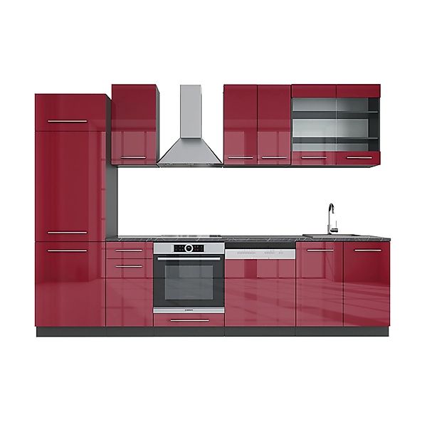 Vicco Fame-Line Küchenzeile Bordeaux Hochglanz/Anthrazit 300 cm ohne Arbeit günstig online kaufen