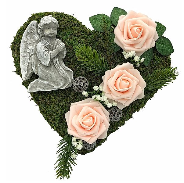 Radami Gartenfigur Grabgesteck Grabherz mit Engel 30cm 3 Rosen rosa günstig online kaufen
