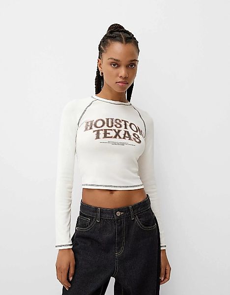 Bershka Langarmshirt Mit Kontrast Und Print Damen 10-12 Rohweiß günstig online kaufen