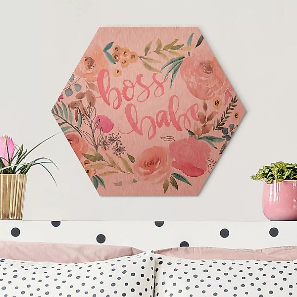 Hexagon-Alu-Dibond Bild Spruch Rosa Blüten - Boss Babe günstig online kaufen