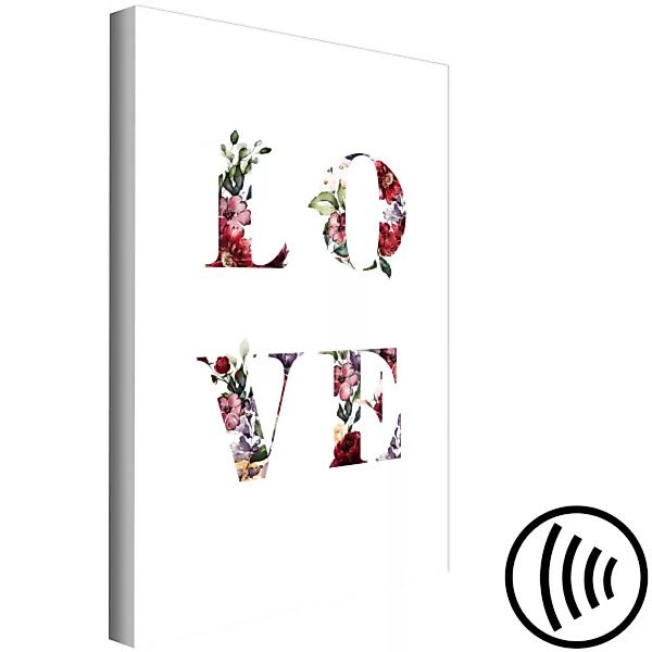 Leinwandbild Love in den Blumen - farbiger Text auf Englisch auf weißem Hin günstig online kaufen