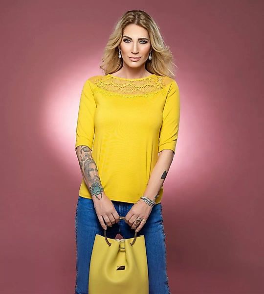 Sarah Kern T-Shirt 3/4-Arm-Bluse koerpernah mit Spitze günstig online kaufen