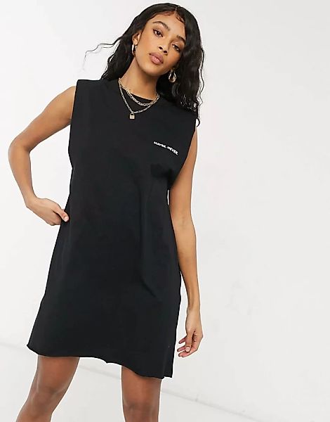 ASOS DESIGN – Ärmelloses T-Shirt-Kleid in Schwarz mit Schulterpolstern und günstig online kaufen