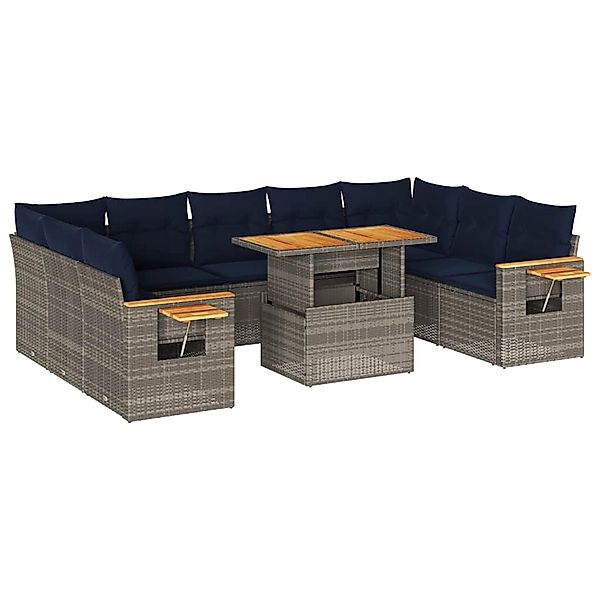 vidaXL 10-Tlg Garten-Sofagarnitur mit Kissen Grau Poly Rattan Akazie 332764 günstig online kaufen