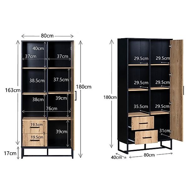 Ulife Vitrine Sideboard, Highboard, Schrank, 1 Tür, 2 Schubladen, 3 offenen günstig online kaufen