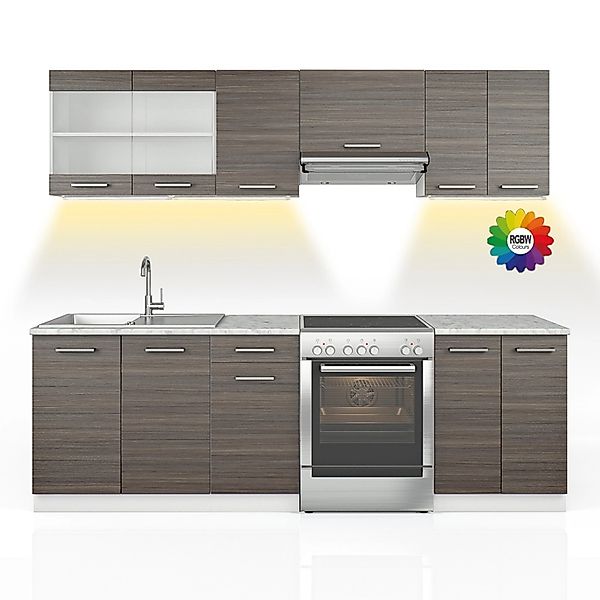 Vicco Raul Küchenzeile Edelgrau 240 cm AP Marmor mit LED-LeistenRaul günstig online kaufen