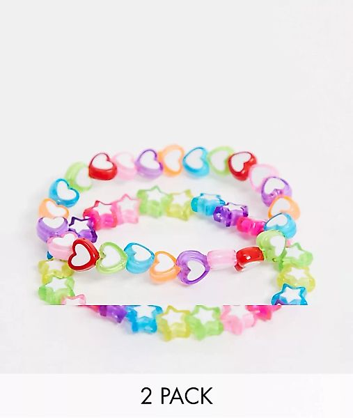 ASOS DESIGN – 2er-Pack Armbänder in Regenbogenfarben im Herz- und Sternen-D günstig online kaufen