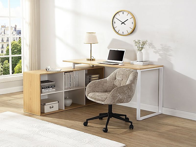 Eckschreibtisch mit Stauraum - MDF - Weiß & Natur - NIPILI günstig online kaufen