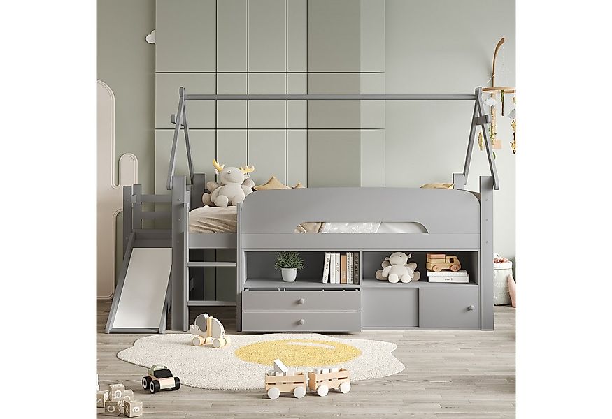 Merax Hochbett Einzelbett mit Dachrahmen, Sicherheitsgeländer & Spielbereic günstig online kaufen