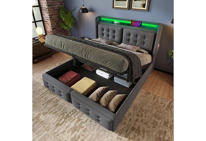 Flieks Polsterbett, LED Doppelbett 160x200cm mit Ladefunktion und hydraulis günstig online kaufen