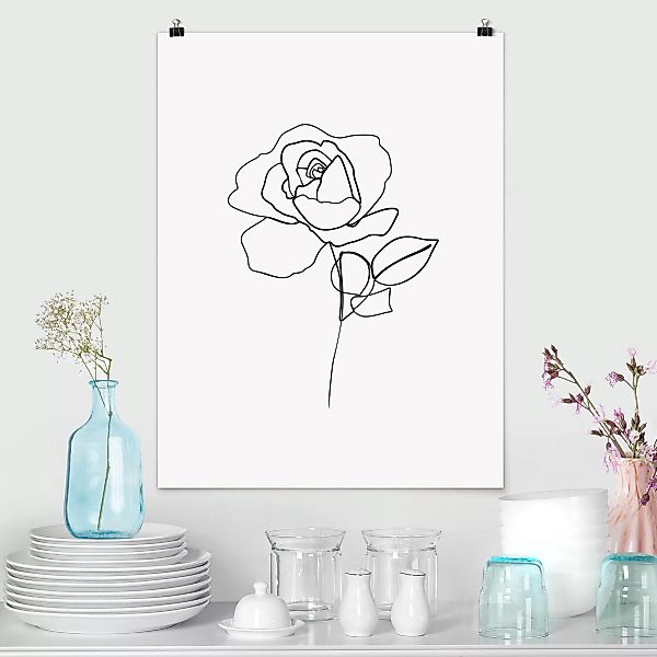 Poster - Hochformat Line Art Rose Schwarz Weiß günstig online kaufen