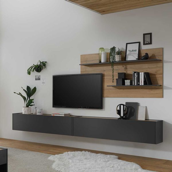 Wohnzimmer Anbauwand in Anthrazit und Wildeiche Optik 300 cm breit (dreitei günstig online kaufen