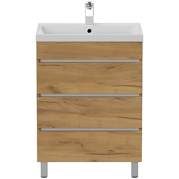 Posseik Stand-Badmöbel Fellini 60 mit 3 Grifflosen Schubladen Eiche Gold günstig online kaufen
