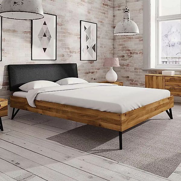 Doppelbett aus Wildeiche Massivholz und Stahl gepolstertem Kopfteil günstig online kaufen
