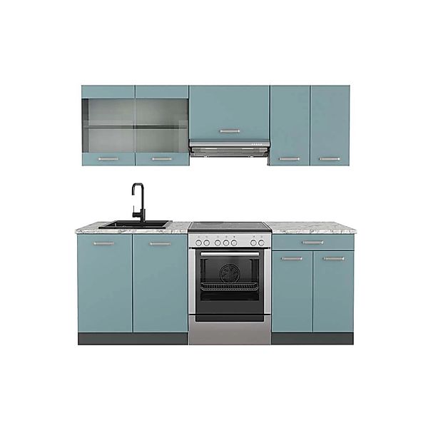 Vicco R-Line Küchenzeile Blau-Grau/Anthrazit 200 cm AP Marmor günstig online kaufen
