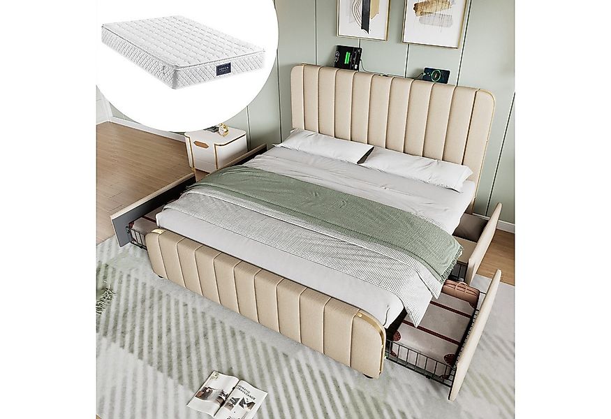 HAUSS SPOLE Polsterbett 140X200 mit 4 Schubladen, goldenen Zierstreifen, Be günstig online kaufen