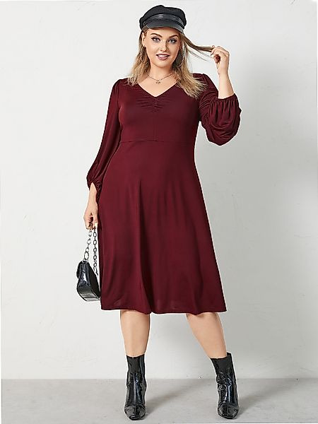 YOINS Plus Größe V-Ausschnitt Plissee Design Lange Ärmel Midi Kleid günstig online kaufen