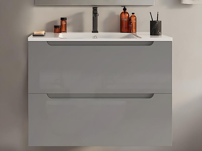 Waschbeckenunterschrank hängend mit Einzelwaschbecken - 80 cm - Grau - STEF günstig online kaufen