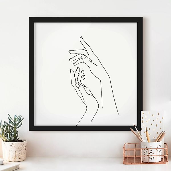 Bild mit Rahmen Schwarz-Weiß - Quadrat Line Art Hände günstig online kaufen