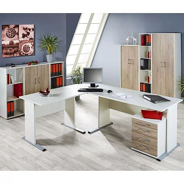 Büromöbel Set STETTIN-16 weiß, Sonoma Eiche, Eckschreibtisch mit Container, günstig online kaufen