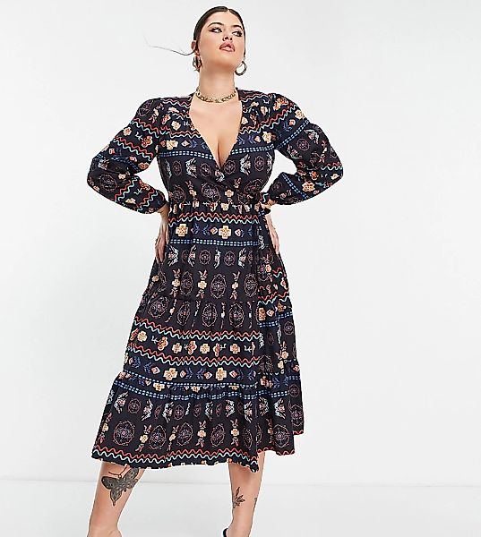 Never Fully Dressed Plus – Midi-Wickelkleid in Schwarz mit Kontrastnähten günstig online kaufen