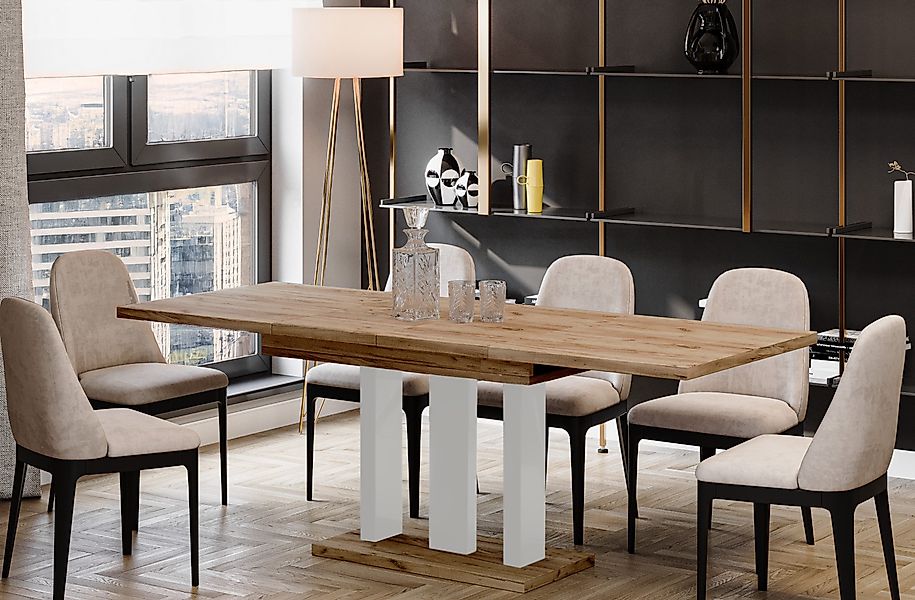 Endo-Moebel Säulen-Esstisch "Appia White" 130-210cm ausziehbar günstig online kaufen