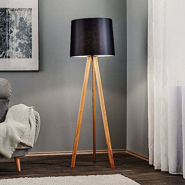 Quitani Stehlampe Alos, Eiche, Chintz schwarz, Tripod günstig online kaufen