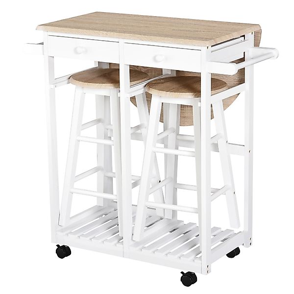 HOMCOM Bartisch-Set Klappbar auf Rollen mit Regal und 2 Schubladen + 2 Hock günstig online kaufen