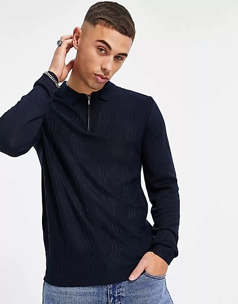 Topman – Gestricktes Poloshirt mit Zickzack-Muster in Marineblau günstig online kaufen