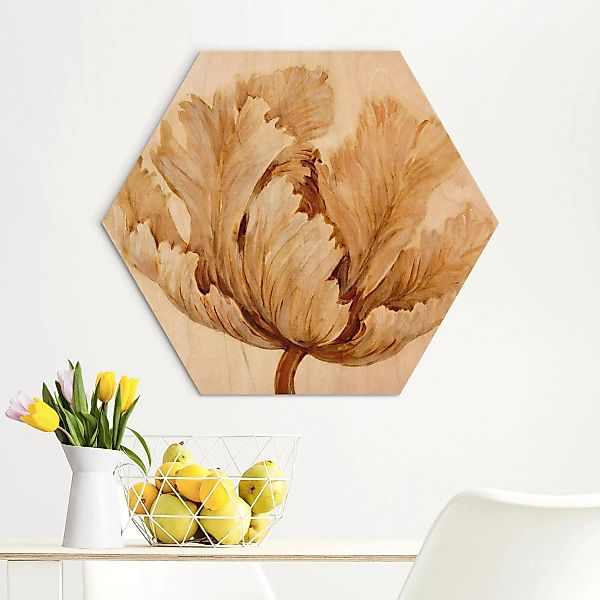 Hexagon-Alu-Dibond Bild Sepia Tulpe auf Holz günstig online kaufen